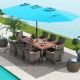 Costway 10 Pieces Patio Wicker Dining Set with Double-Sided Patio Umbrella 8 Armchairs - Turquoise,,Mix Brown