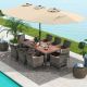 Costway 10 Pieces Patio Wicker Dining Set with Double-Sided Patio Umbrella 8 Armchairs - Beige,,Mix Brown