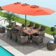 Costway 10 Pieces Patio Wicker Dining Set with Double-Sided Patio Umbrella 8 Armchairs - Orange,Mix Brown