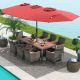 Costway 10 Pieces Patio Wicker Dining Set with Double-Sided Patio Umbrella 8 Armchairs - Red,Mix Brown
