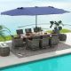 Costway 11 PCS Patio Dining Set with 15 ft Double-Sided Patio Umbrella 8 Armchairs - Mix Gray,Beige,Blue