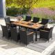 Costway 9 PCS Outdoor Dining Set with Acacia Wood Tabletop, Umbrella Hole, Seat Cushions - Brown & Navy