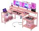 Bestier - L-Shaped Gaming Desk with Power Outlets, LED Lighting and Monitor Stand - Pink