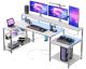 Bestier - L-Shaped Gaming Desk with Power Outlets, LED Lighting and Monitor Stand - White