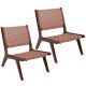Costway Set of 2 Woven Leather Accent Chair Mid Century Rubber Wood Armless Side Chair - Brown