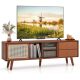 Costway Bamboo TV Stand Console Table with PE Rattan Door & 2 Drawers for TV up to 65