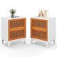 Costway 2 PCS Rattan Nightstand with Storage Wood End Sofa Side Table with 2 drawers Wood Legs - White + Brown