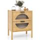 Costway 1 PCS Bamboo Nightstand with 2 Storage Drawers & Reeded Tempered Glass Fronts Bedroom - Natural
