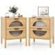 Costway 2 PCS Bamboo Nightstand with 2 Storage Drawers & Reeded Tempered Glass Fronts Bedroom - Natural