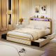 Costway Full Size Bed Frame with LED Lights & Charging Station Storage Headboard & Drawers - Golden + White