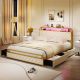 Costway Queen Size Bed Frame with LED Lights & Charging Station Storage Headboard & Drawers - Golden + White