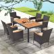 Costway 7 PCS Outdoor Dining Set for 6 with Umbrella Hole Acacia Wood Tabletop Poolside - Black & Natural