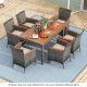 Costway 7 Pieces Outdoor Wicker Dining Set with Acacia Wood Table and 6 Armchairs - Mix Gray,Beige