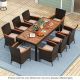 Costway 9PCS Patio Wicker Dining Set Acacia Wood Table Top Umbrella Hole Cushions Chairs - Beige
