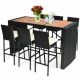 COSTWAY 7 PCS Patio Rattan Wicker Bar Dining Furniture Set wood Table Top 6 Stools - Black (As Picture Shows)