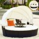 Costway Patio Rattan Daybed Cushioned Sofa Adjustable Table Top Canopy 3 Pillows - Brown + White