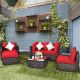 Costway 6PCS Patio Rattan Furniture Set Cushion Sofa Coffee Table Ottoman - Red