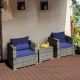 Costway 3 PC Patio Rattan Furniture Bistro Set Cushioned Sofa Chair Table - Navy