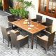 Costway 7PCS Patio Rattan Dining Set Armrest Cushioned Chair Wooden Tabletop - Brown
