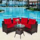 Costway 4PCS Outdoor Patio Rattan Furniture Set Cushioned Sofa Table - Dark Brown/Red