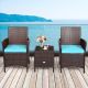 Costway 3PCS Patio Rattan Furniture Set Cushioned Sofa Glass Tabletop Deck - Blue,Mix Brown