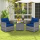 Costway 3PCS Patio Rattan Furniture Bistro Set Cushioned Sofas Side Table Armrest - Grey Rattan & Navy Cushion