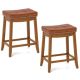 Costway - Saddle Bar Stools Set of 2 with PU Leather Seat Solid Rubber Wood Frame Footrest - Brown