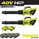 RYOBI 40V HP Brushless Whisper Series 190 MPH 730 CFM Cordless Battery Leaf Blower (2-Tool) with 4 Batteries and 2 Chargers RY404100-RY404100