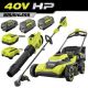 RYOBI 40V HP Brushless 21 in. Cordless Battery Walk Behind Self-Propelled Mower, Blower & Trimmer-(3) Batteries & (2) Chargers RY40HPLM01K2-RY40HPCK201K