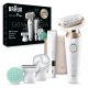 Braun Silk-épil 9 Flex-Pivoting SkinSpa Epilator, Wet/Dry, Shaver Head, Massage Pad, Exfoliation Brush and BodyTrimmer - White/Tinted Gold