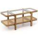 Costway 2-Tier Rustic Coffee Table with Storage Tempered Glass Tabletop PE Rattan Shelf - Brown and Natural