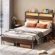 Bestier - Queen Platform Bed Frame with Storage Headboard, LED Lighting, and USB Charging Station. - Brown