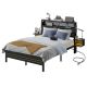 Bestier Full Bed Frame Golden Stripe Headboard LED Nightstands Metal Platform with Charging Station No Box Spring - Black