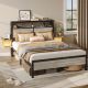 Bestier Full Bed Frame Golden Stripe Headboard LED Nightstands Metal Platform with Charging Station No Box Spring - Gray
