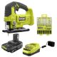 RYOBI ONE+ 18V Cordless Jig Saw Kit with 1.5 Ah Battery, Charger, and All Purpose Jig Saw Blade Set (10-Piece) PCL525K1-A14AK102