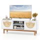 Costway - TV Stand for 55-Inch TVs with 2 Drawers & Bamboo Woven Fronts Solid Wood Legs White - White/Natural