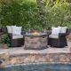 Noble House Gunnar 3-Piece Faux Rattan Patio Fire Pit Conversation Set with Beige Cushions