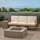 Noble House Perla Teak Brown 5-Piece Wood Outdoor Patio Fire Pit Conversation Set with Cream Cushions