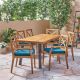Noble House Juniper Teak Brown 7-Piece Wood Outdoor Dining Set with Blue Cushions