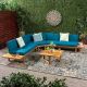 Noble House Mirabelle Teak Brown 4-Piece Wood Outdoor Patio Conversation Sectional Seating Set with Dark Teal Cushions