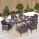 PHI VILLA Black 7-Piece Metal Patio Outdoor Dining Set with Extendable Table and Rattan Chairs with Blue Cushion