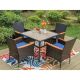 PHI VILLA Black 5-Piece Metal Patio Outdoor Dining Set with Wood-Look Square Table and Rattan Chairs with Blue Cushion