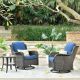 OVIOS Joyoung Brown 3-Piece Wicker Swivel Outdoor Patio Conversation Seating Set with Navy Blue Cushions
