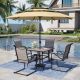 PHI VILLA Black 6-Piece Metal Patio Outdoor Dining Set with Wood Finish Square Table, Umbrella and Textilene C-Spring Chairs