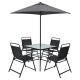 Costway 6-Pieces Patio Metal Furniture Outdoor Dining Set Folding Chairs Glass Table with Umbrella Deck Grey
