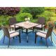 PHI VILLA Black 5-Piece Metal Square Table Patio Outdoor Dining Set with Wood-Look Rattan Chairs with Beige Cushion