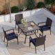 PHI VILLA 5-Piece Patio Outdoor Dining Set with Square Wood-look Tabletop and Rattan Chair with Blue Cushion