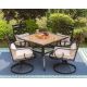 PHI VILLA 5-Piece Metal Patio Outdoor Dining Set with Square Wood-Look Tabletop and Cast Iron Swivel Chair with Beige Cushions