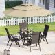 PHI VILLA 6-Piece Black Metal Patio Outdoor Dining Set with Umbrella and Black Folding Reclining Sling Chairs