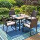 PHI VILLA Black 5-Piece Metal Square Table Patio Outdoor Dining Set with Rattan Chairs with Beige Cushion